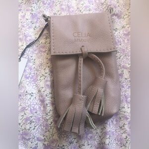 Taupe Leather Tassel Crossbody Pouch